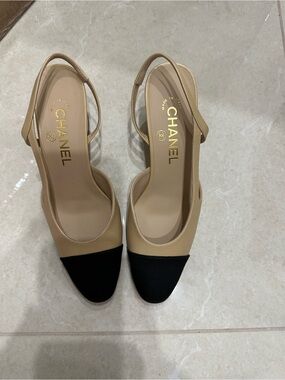 CHANEL Beige and Black Slingback Pumps